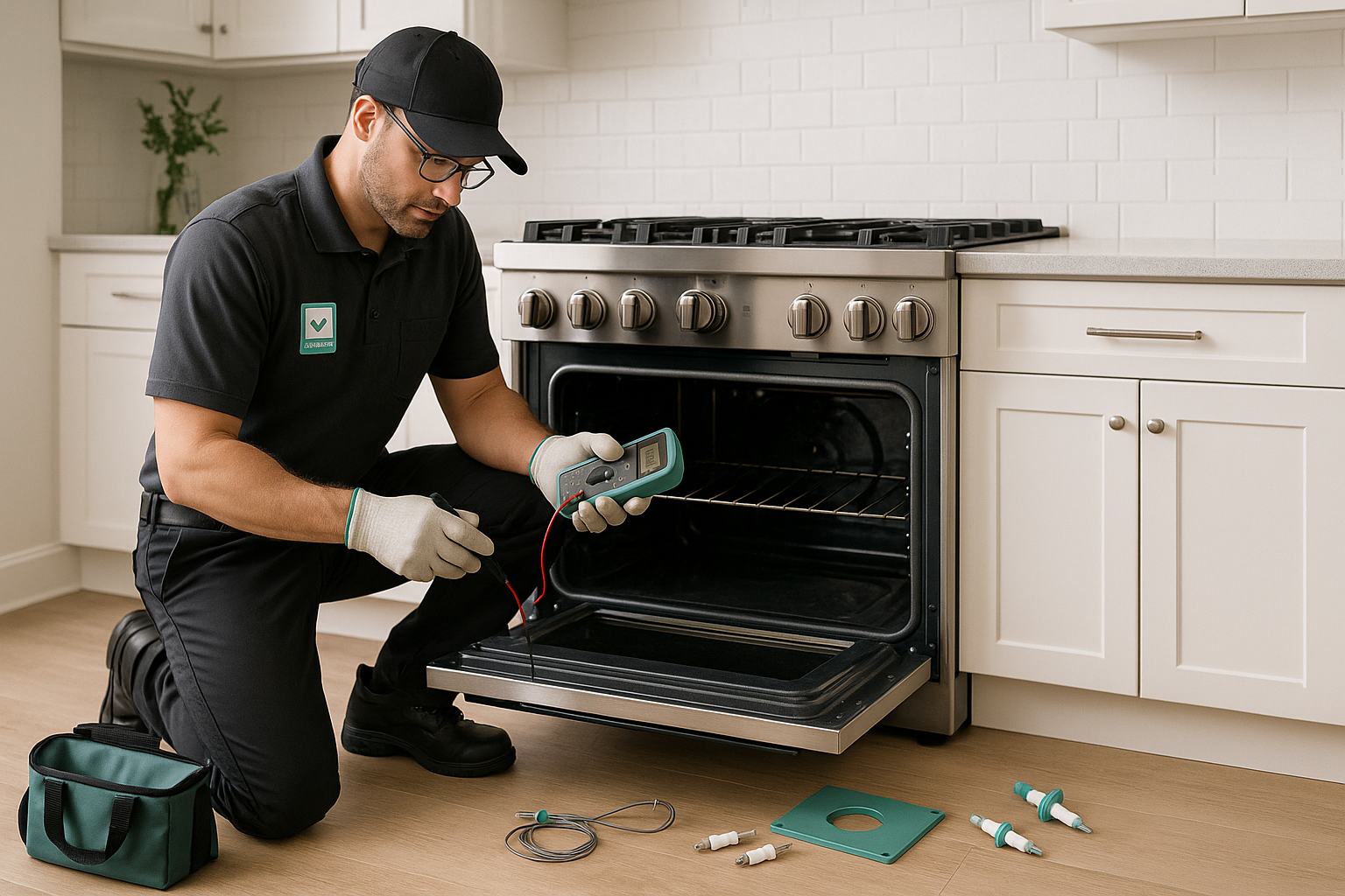 A technician examining a high-end Thermador kitchen appliance, signifying professional repair services.