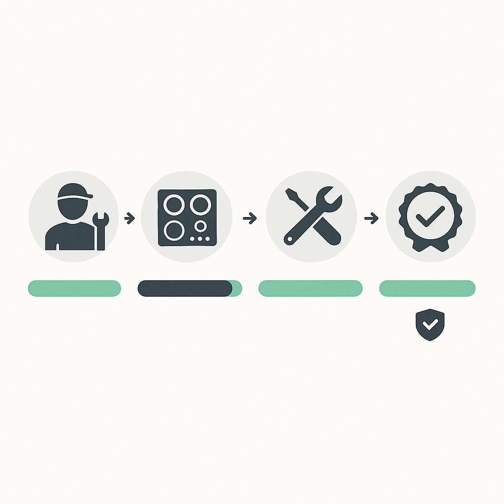 Infographic illustrating the Thermador cooktop repair process steps, timelines, and warranty coverage