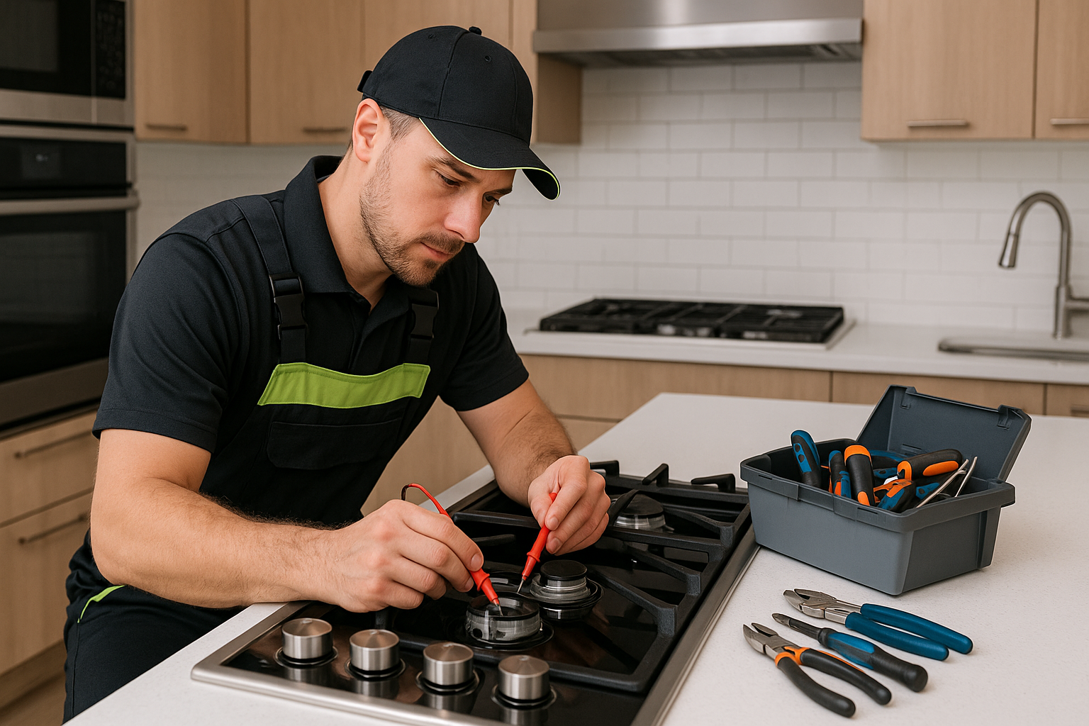 A modern kitchen showcasing a Thermador cooktop, implying professional repair services are available.
