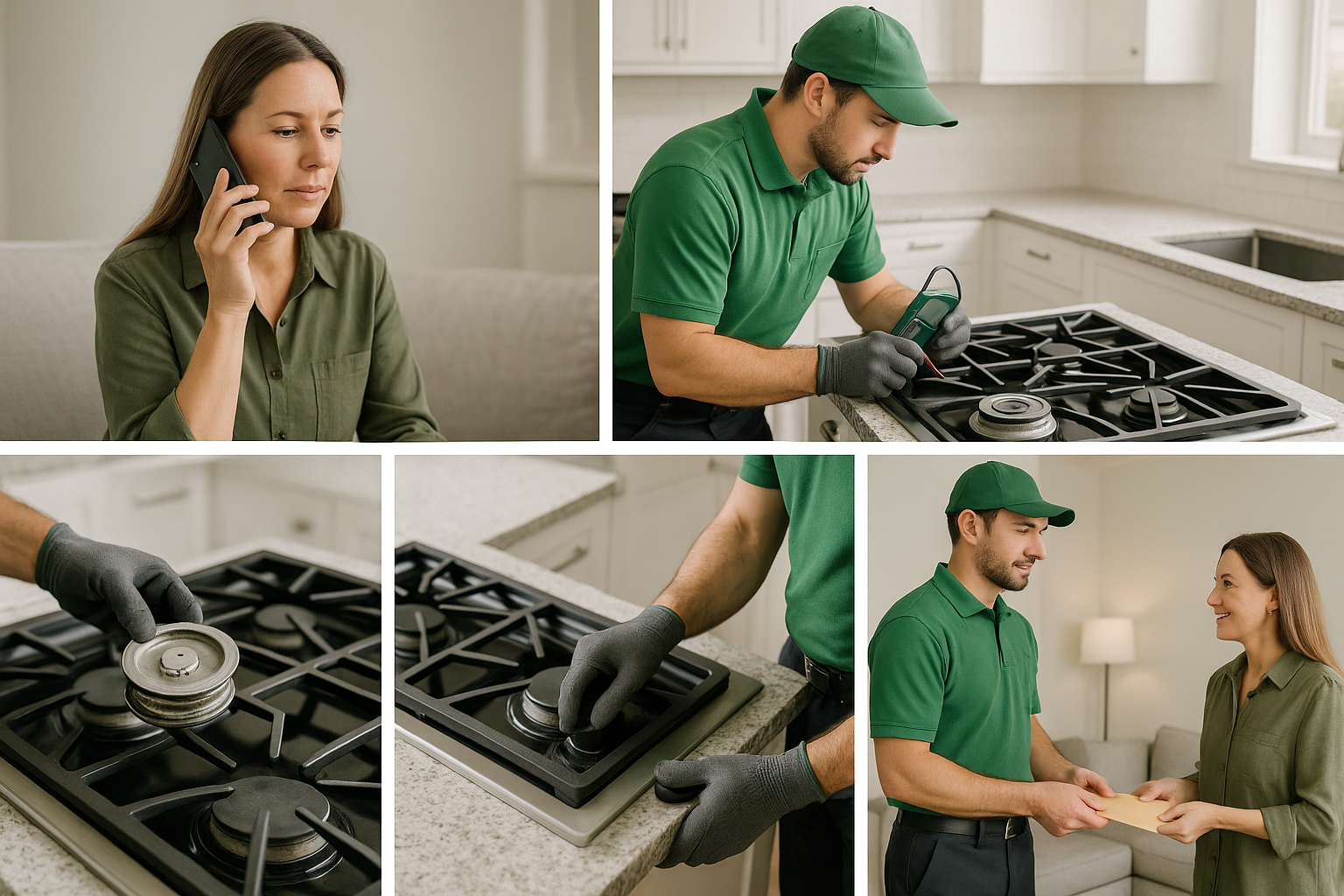 Montage of sequential scenes showing Thermador cooktop repair steps and warranty handoff