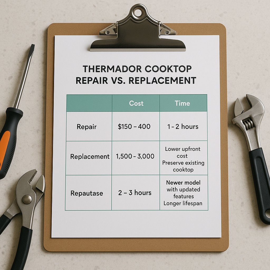 Printed infographic comparing cost, time, and benefits of repair versus replacement for Thermador cooktops
