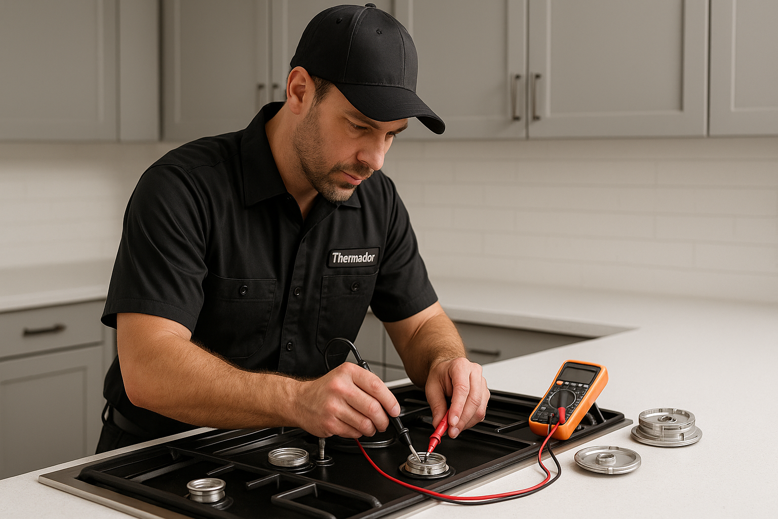 Thermador cooktop being serviced by a professional technician.