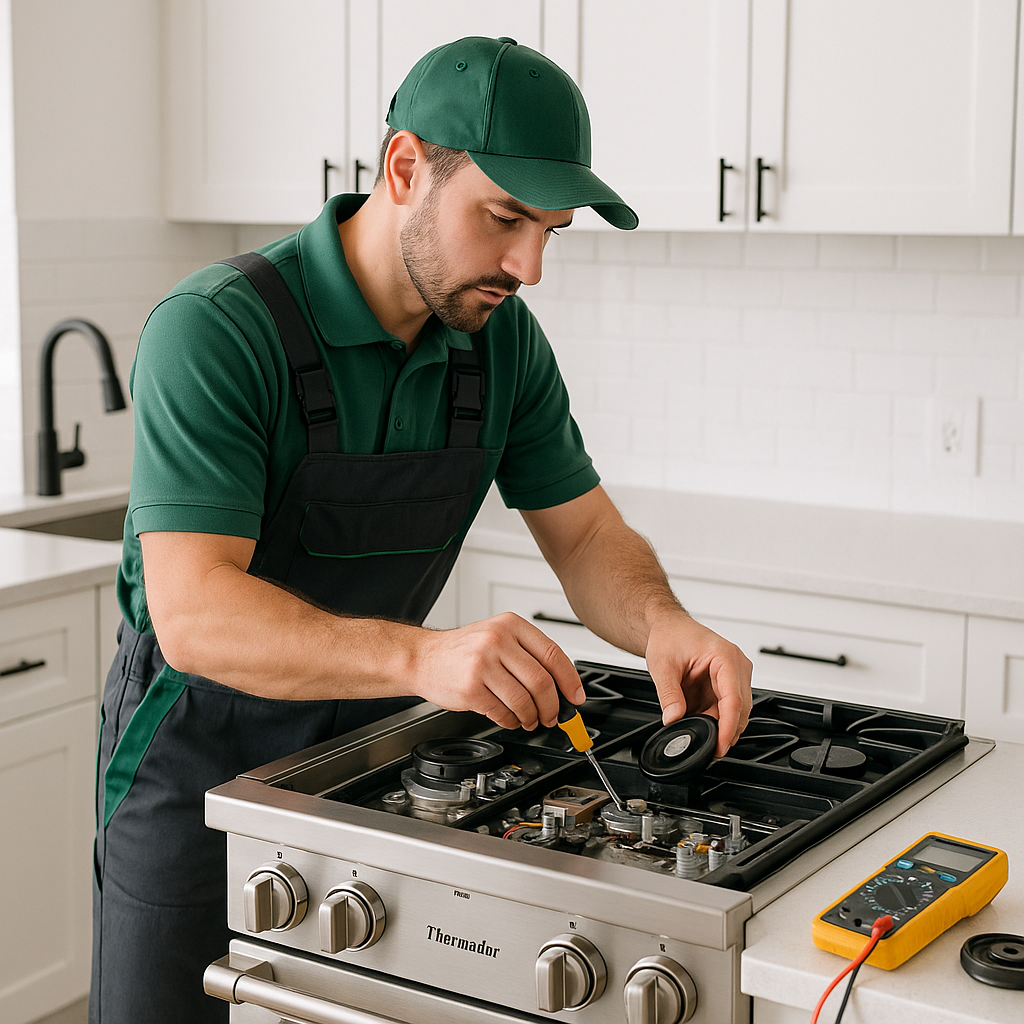 A modern Thermador stove in a kitchen setting needing repair.