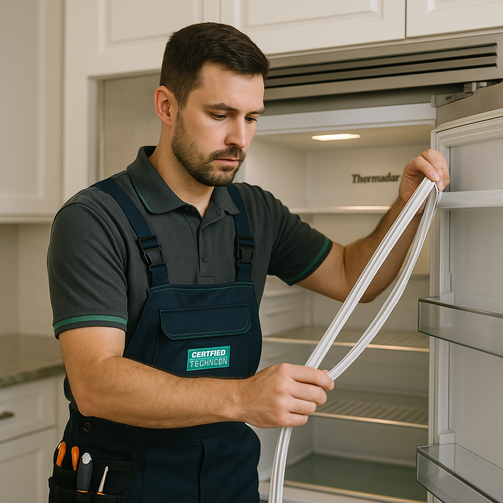 Technician replacing freezer door seal during emergency service