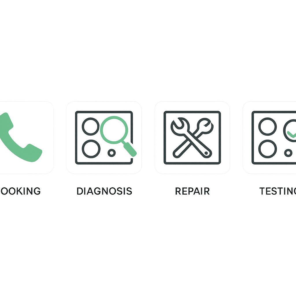 Icons representing booking, diagnosis, repair, and testing steps of Thermador cooktop service