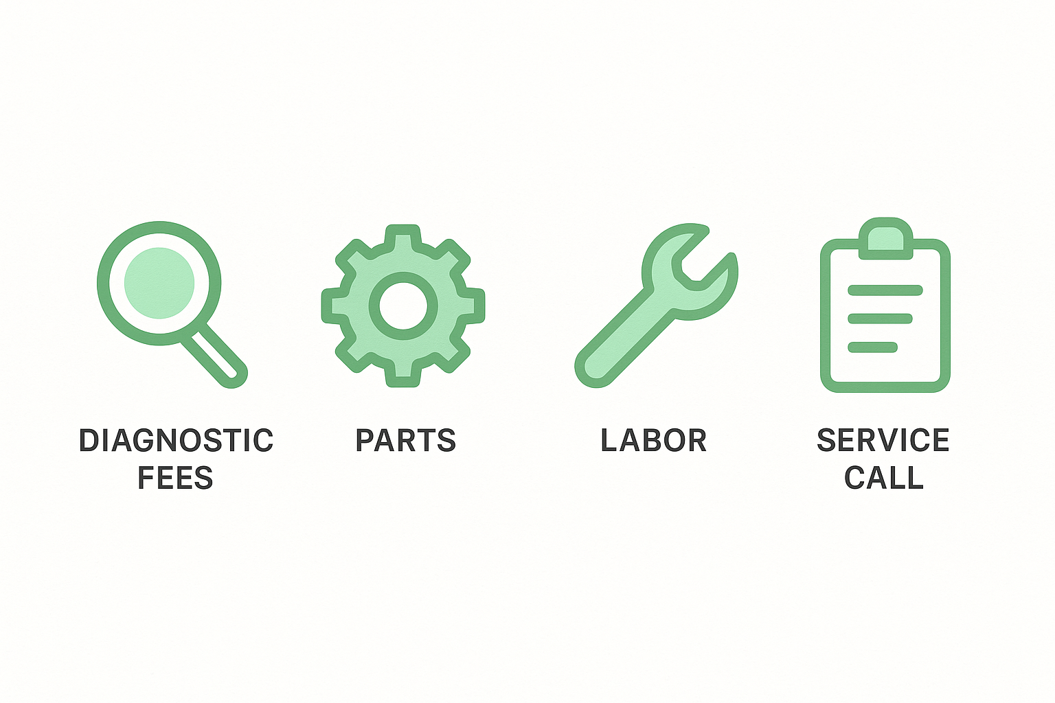 Breakdown of repair fees for diagnostics, parts, labor, and service calls