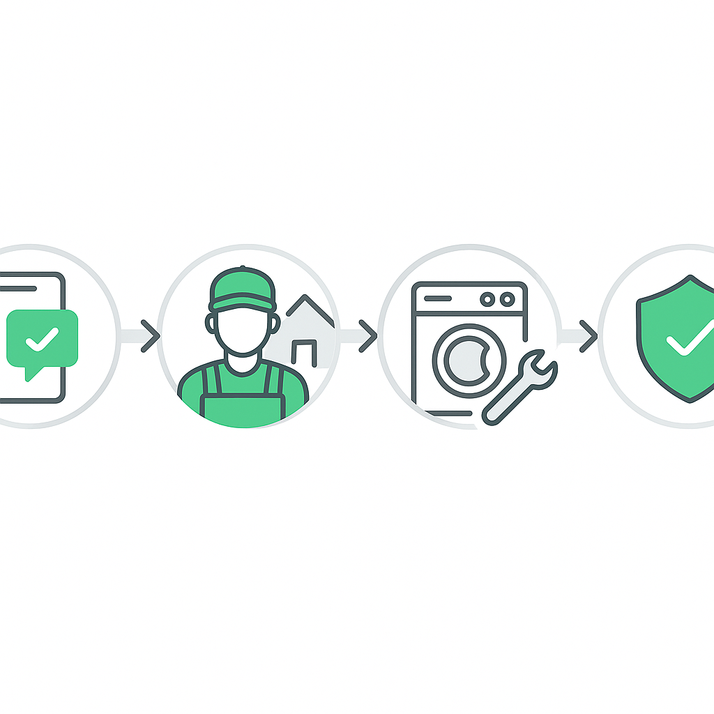 Infographic showing booking, diagnosis, repair, and warranty steps for Thermador service