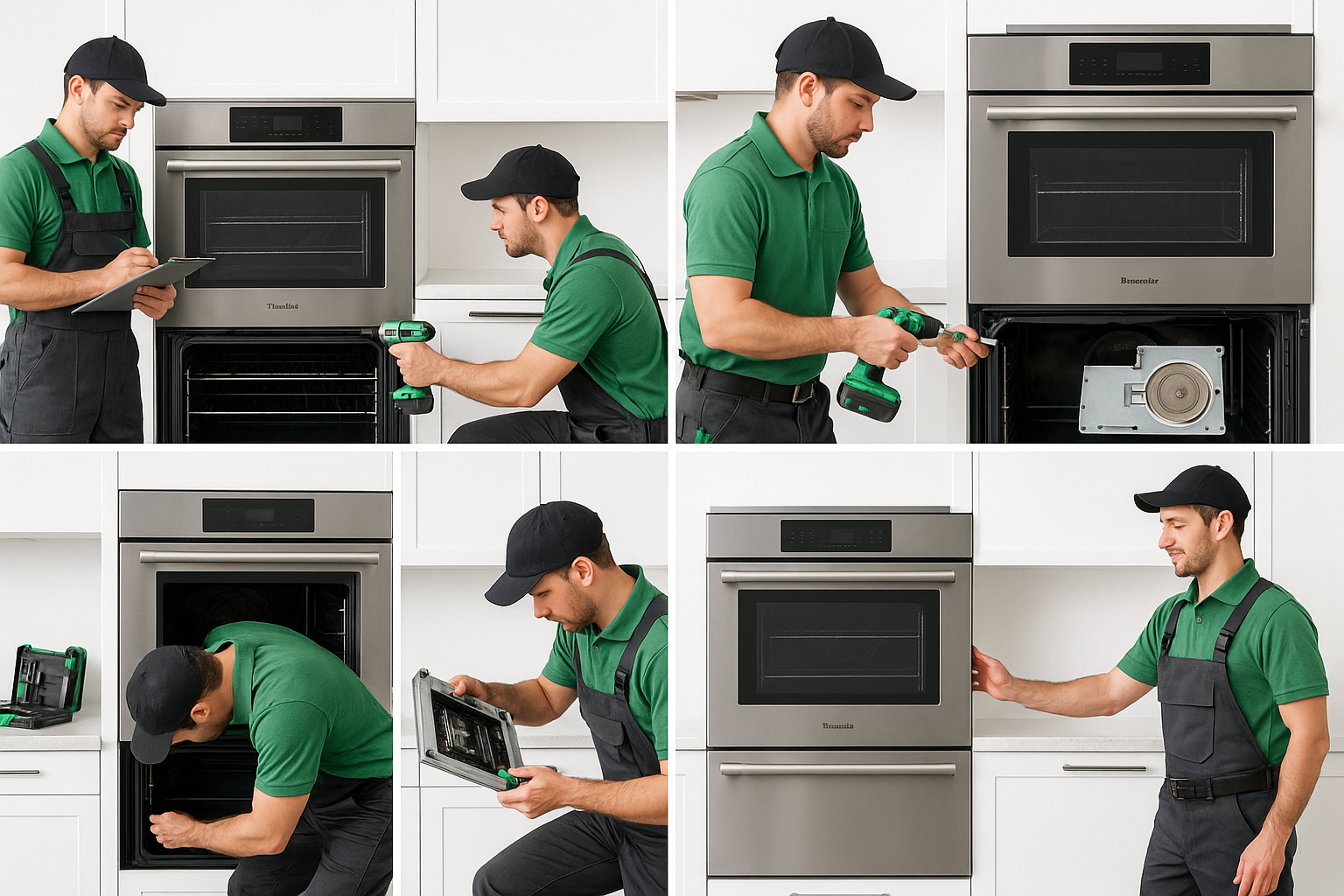 Composite of six stages of Thermador appliance repair process