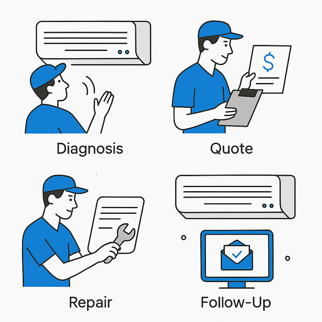 Infographic showing the AC repair process steps: diagnosis, quote, repair, follow-up