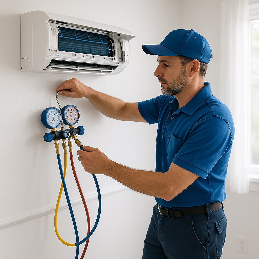 An air conditioning unit being repaired by a technician, symbolizing reliable and fast AC repair services in Astoria, NY.