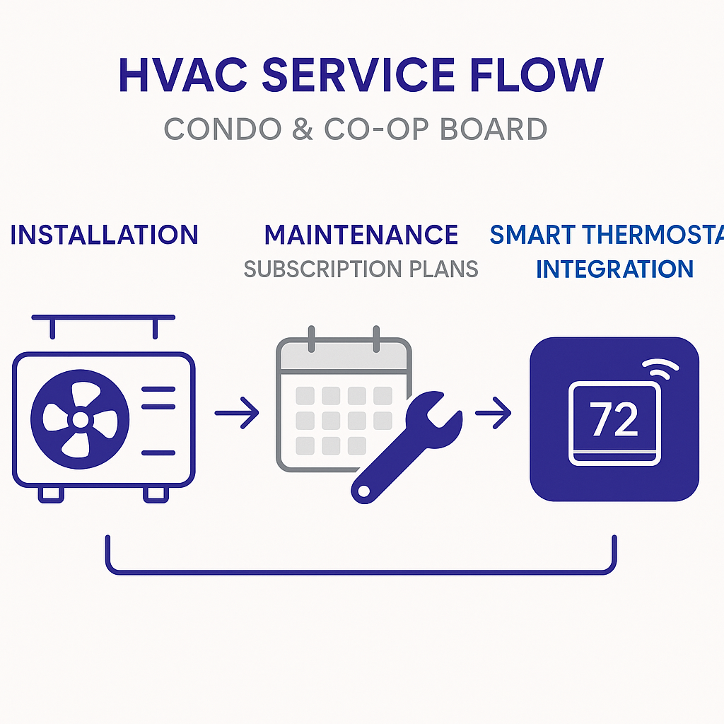 Infographic showing HVAC services including installation, maintenance plans, and smart thermostat setup