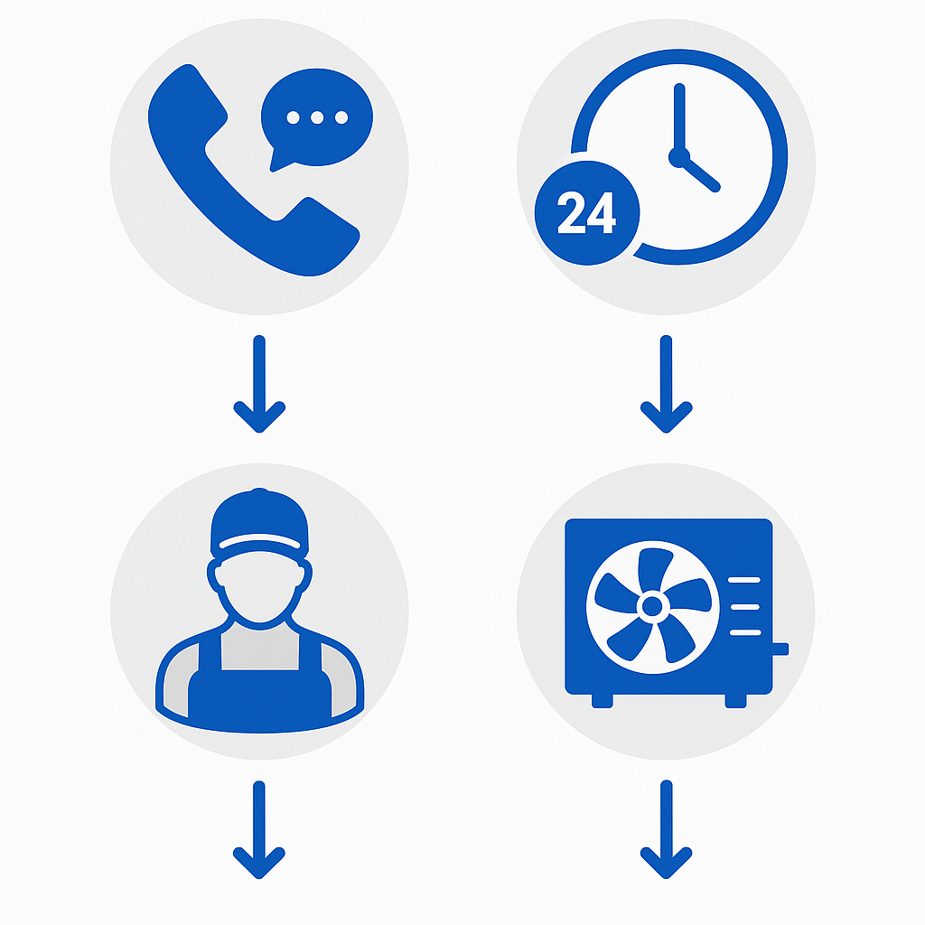 Infographic showing step-by-step AC repair process with emergency contacts