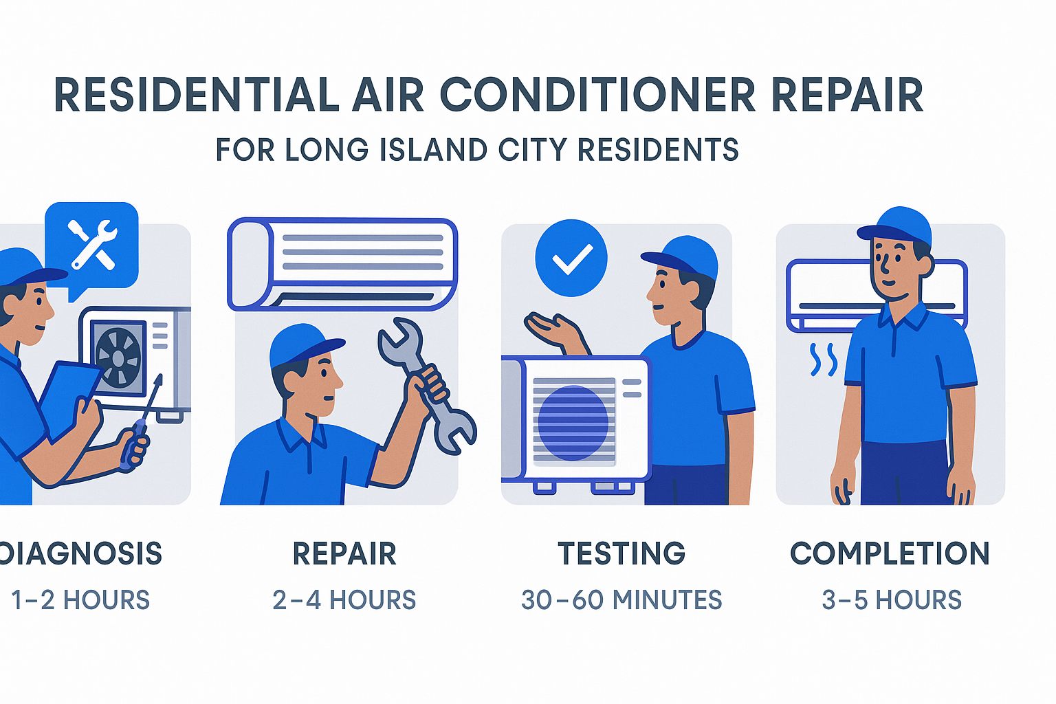 Infographic showing step-by-step air conditioner repair process and typical timelines for residential service