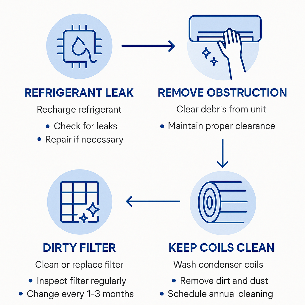 Infographic showing common AC problems and maintenance steps
