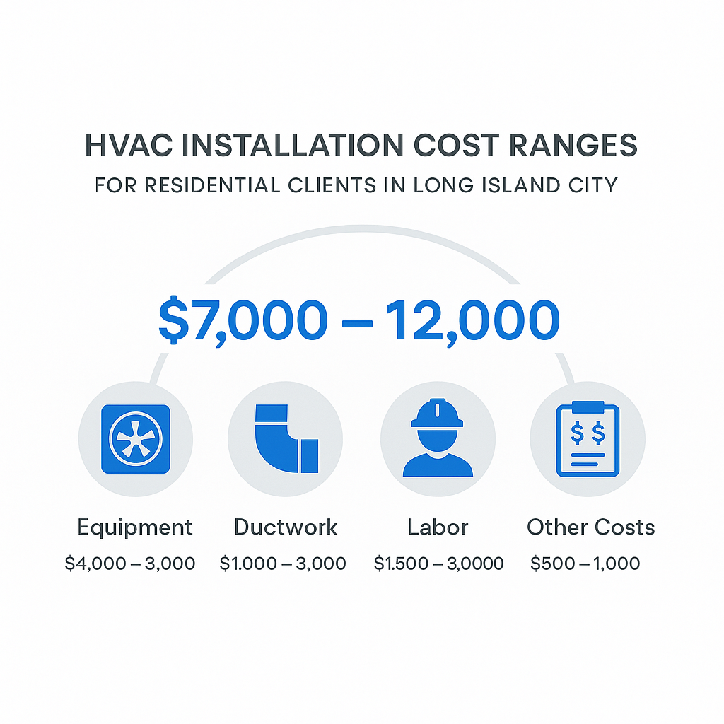 Infographic showing typical HVAC installation costs and influencing factors in Long Island City