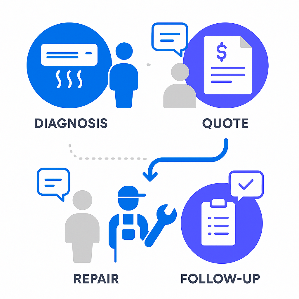 Infographic showing air conditioner repair steps and customer communication timeline