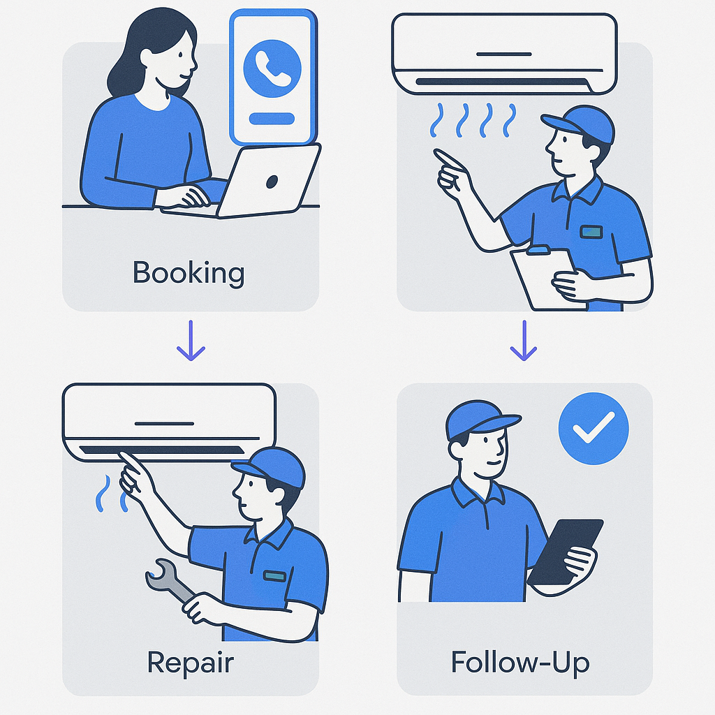 Infographic showing AC repair service process including booking and follow-up steps
