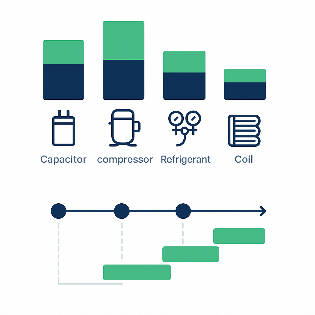 Infographic comparing AC repair cost ranges and expected lead times using icons and charts