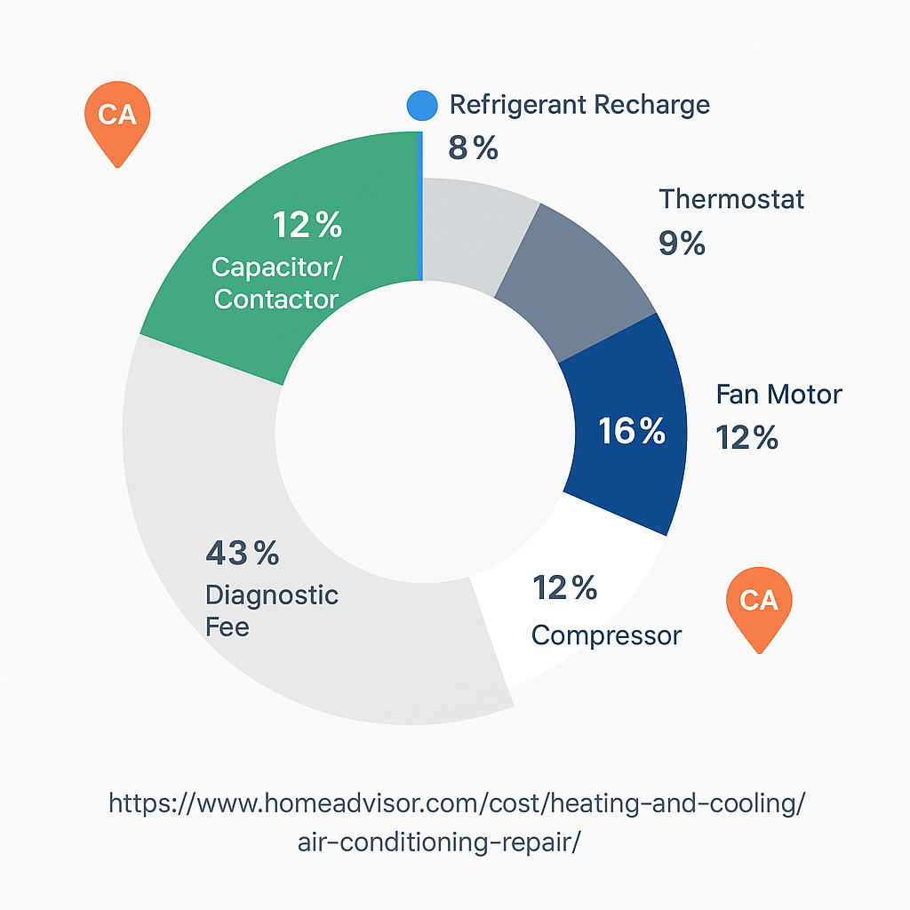 Donut chart showing percentage breakdown of common AC repair costs in California