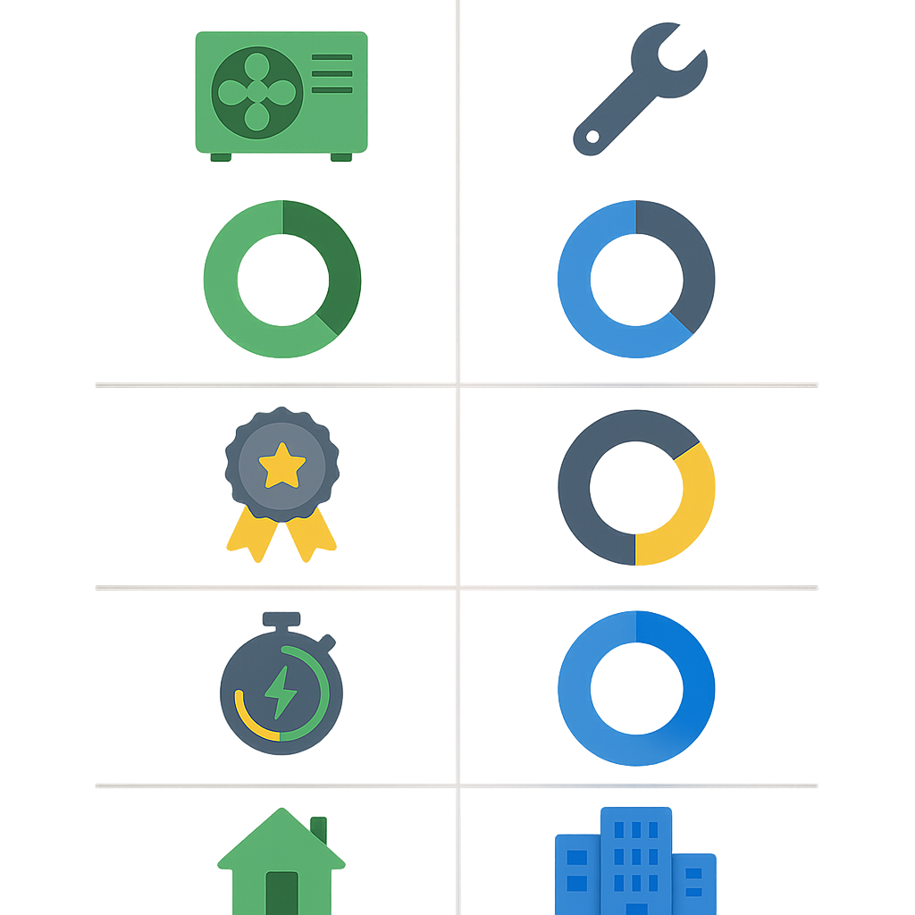 Comparison matrix using donut charts and icons comparing HVAC installation and repair costs, warranties, and SLAs