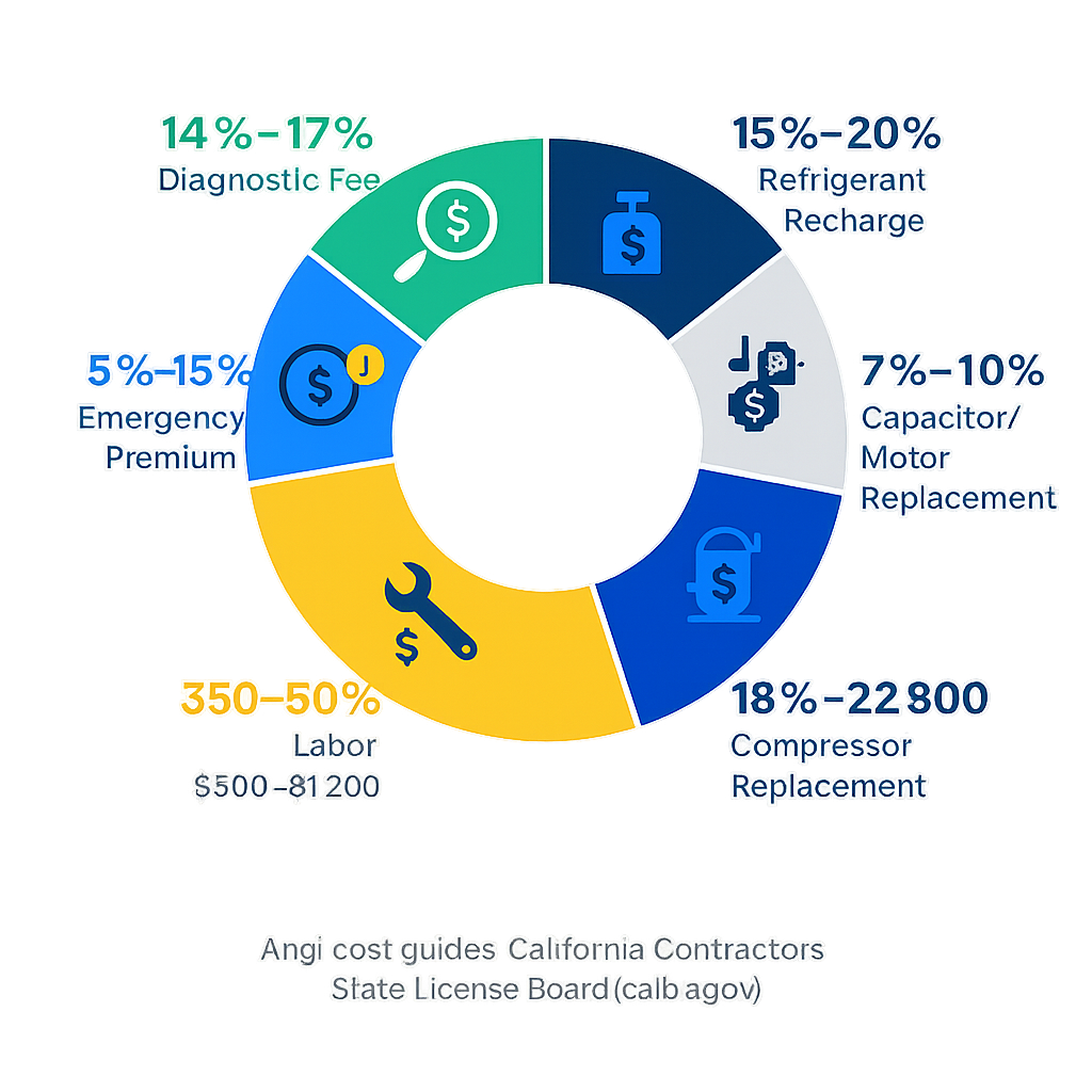 Icon-based pie chart showing proportional AC repair cost categories
