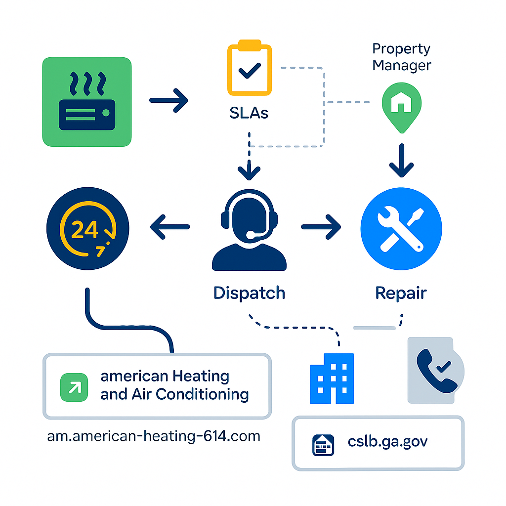 Arrow-driven diagram of emergency AC repair booking and dispatch flow