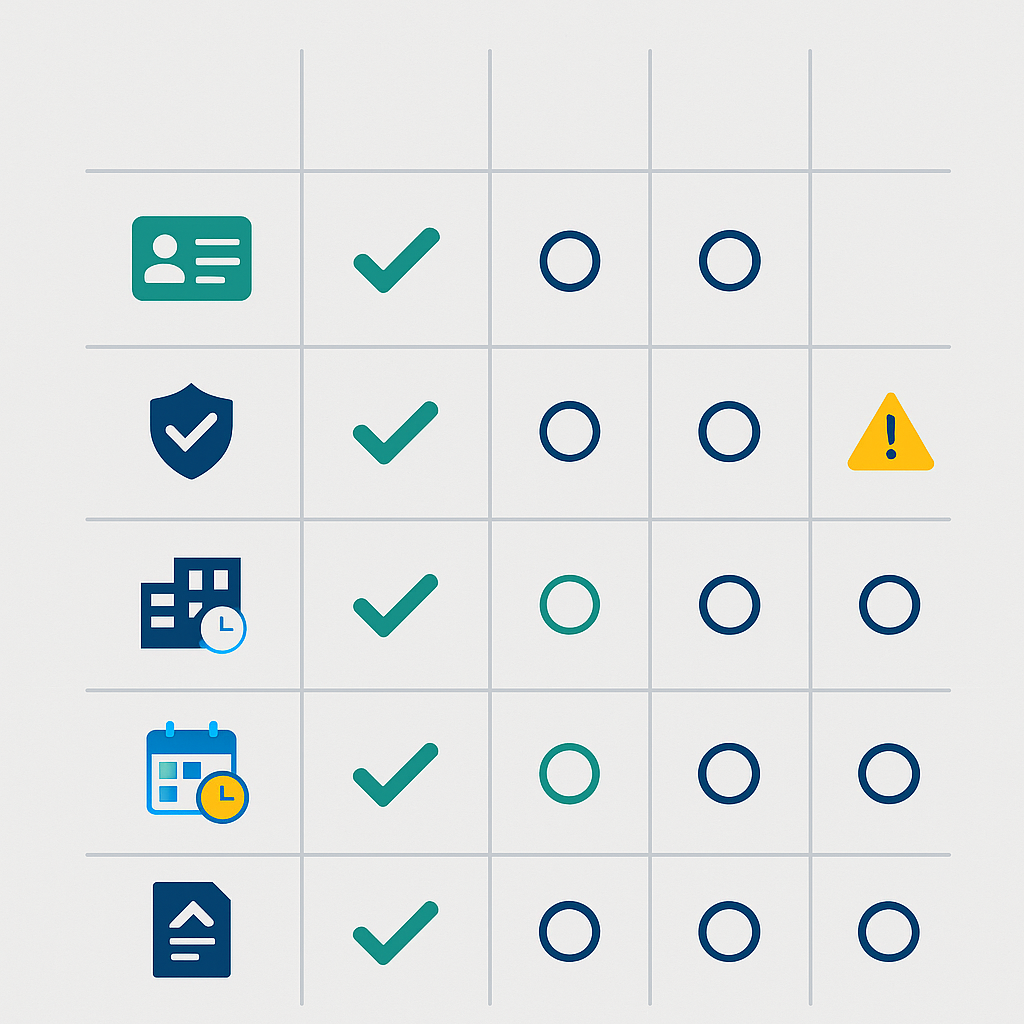 Grid-style comparison matrix of contractor credentials using icons and checkmarks