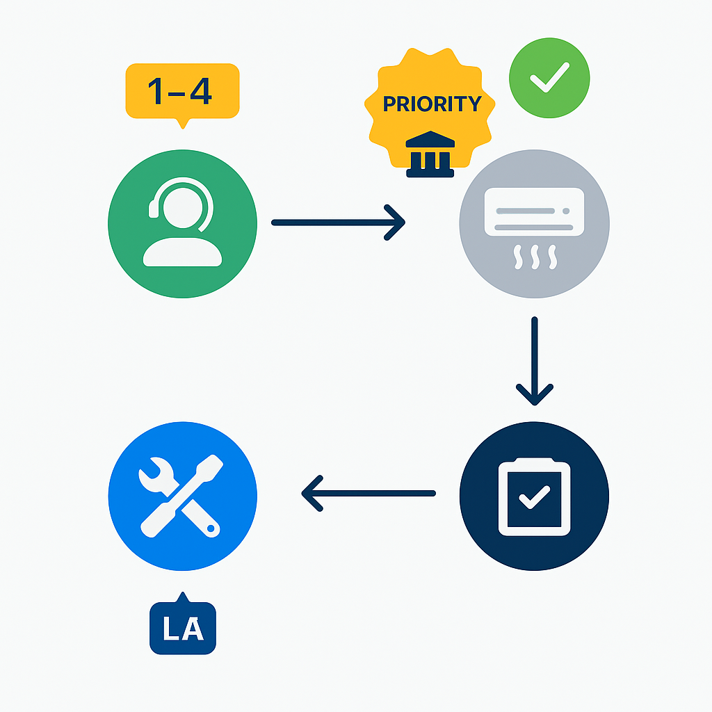 Process flow illustrating emergency HVAC response steps, timelines and priority scheduling for commercial clients
