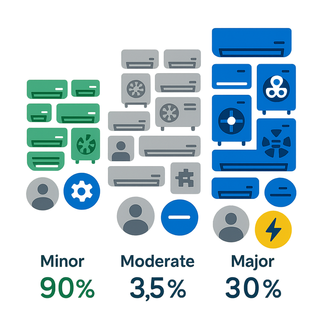 Icon-based infographic illustrating proportional groups for minor, moderate, and major AC repairs
