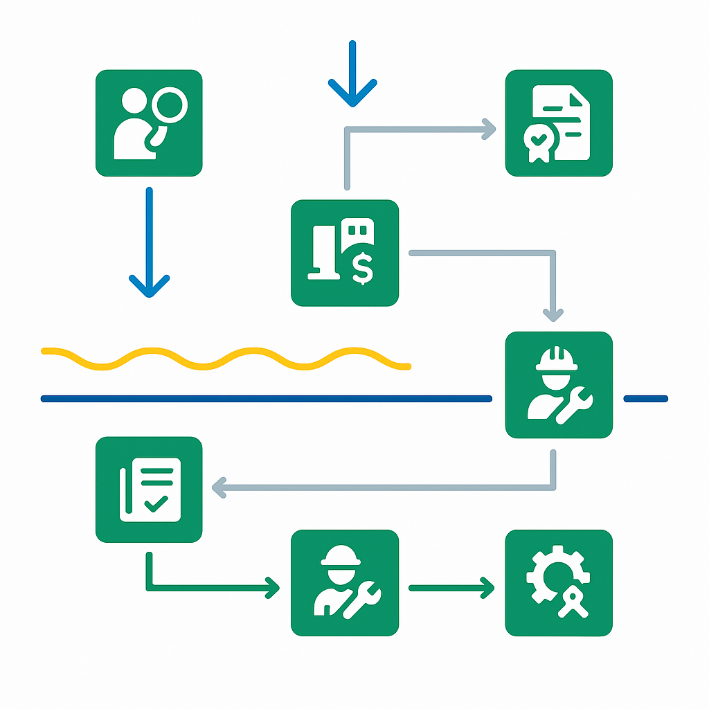 Process-flow diagram with icons showing commercial HVAC installation, permits, rebates, and maintenance enrollment