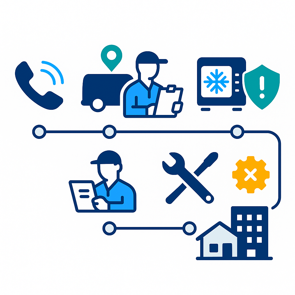 Process flow diagram of HVAC emergency response steps from call to repair