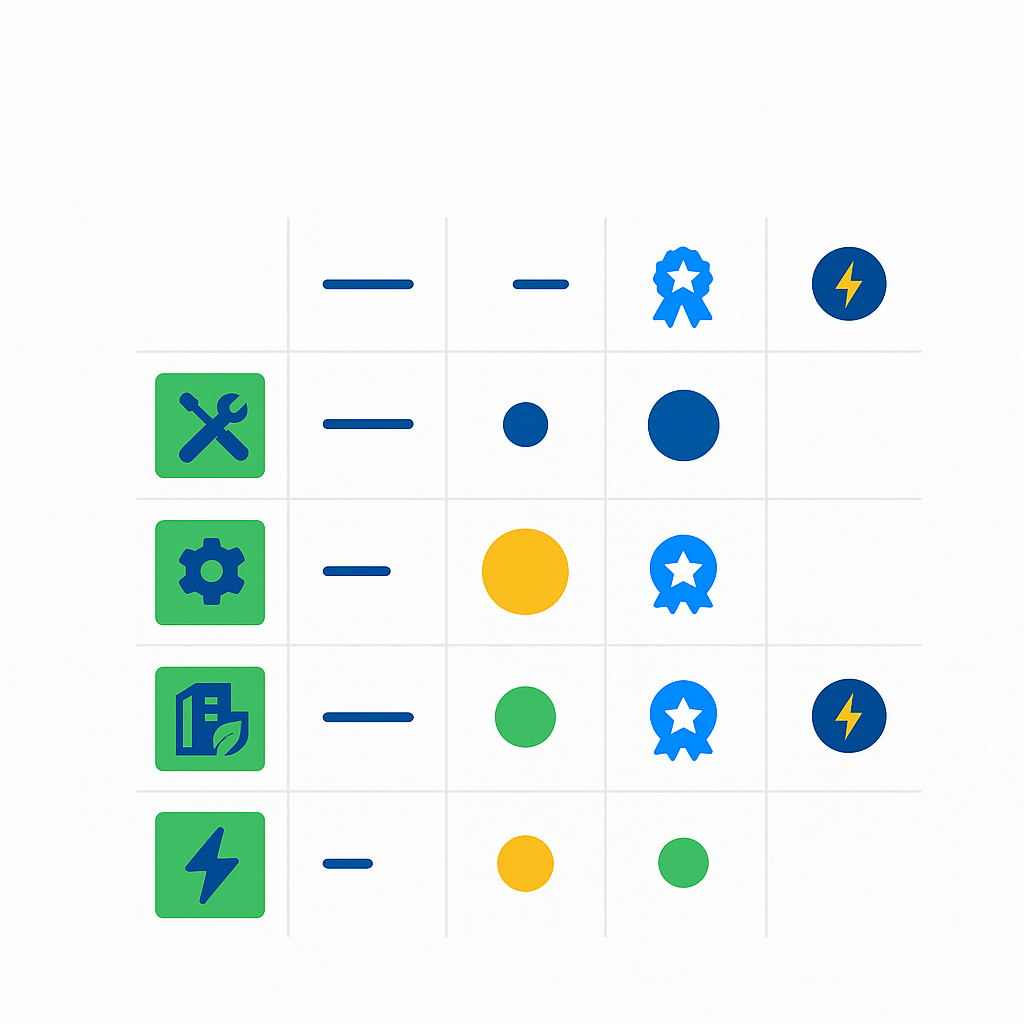 Comparison matrix of HVAC services showing timeline, cost, warranty, and availability