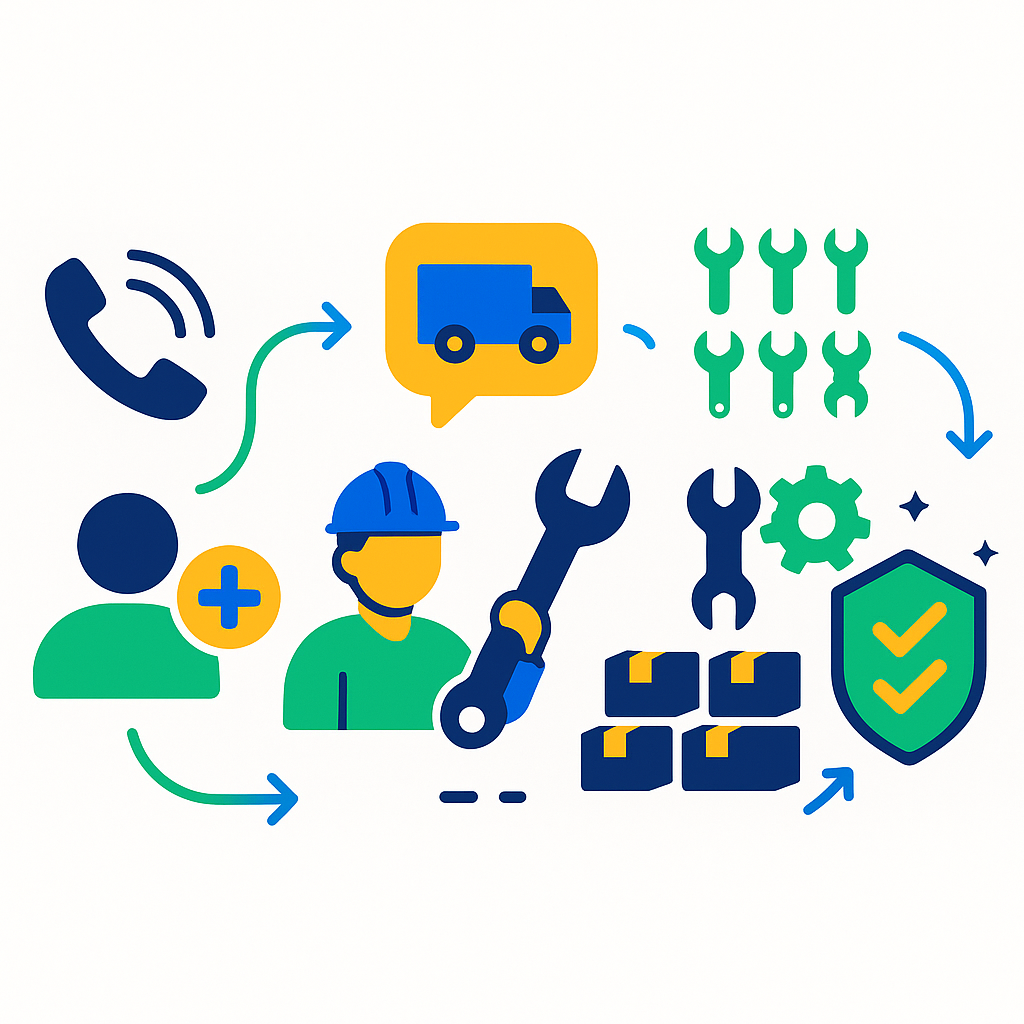 Icon-driven process flow showing call-to-repair stages and outcomes