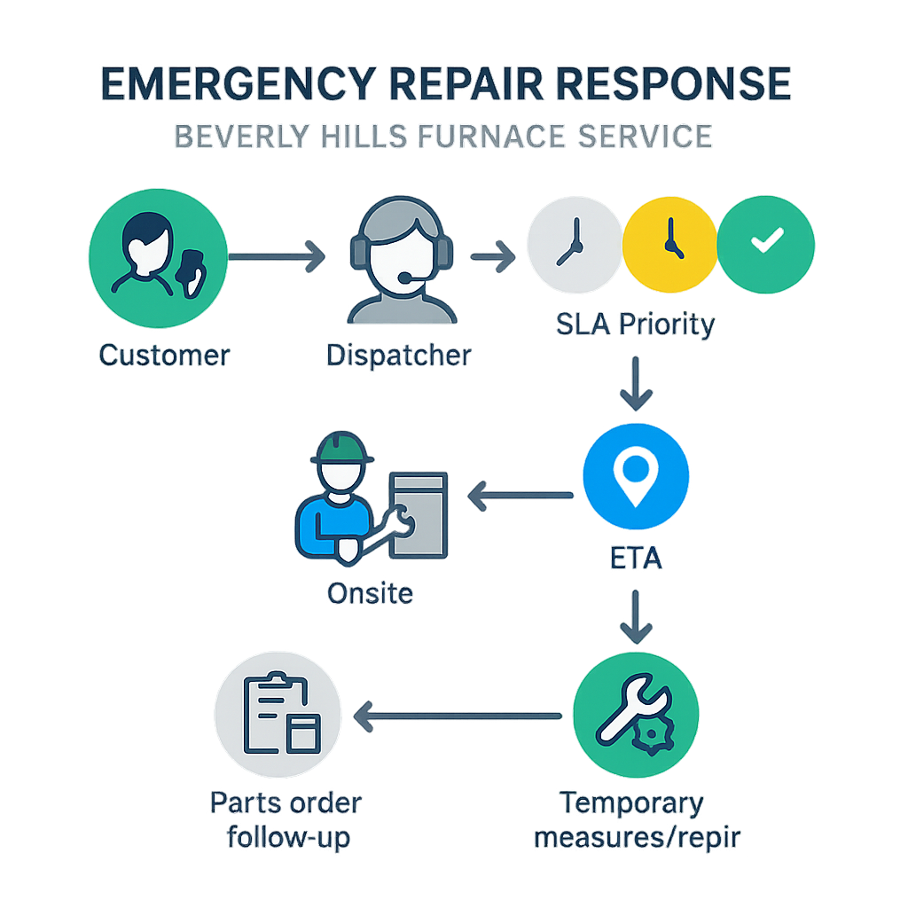 Sequential process-flow diagram for emergency furnace repair response and SLA steps