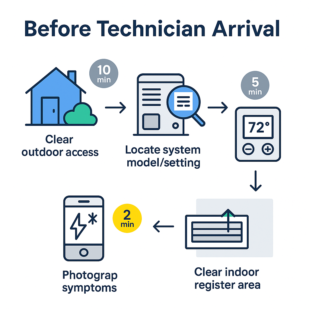 Process-flow diagram of homeowner checklist steps before technician arrival to improve first-visit repairs