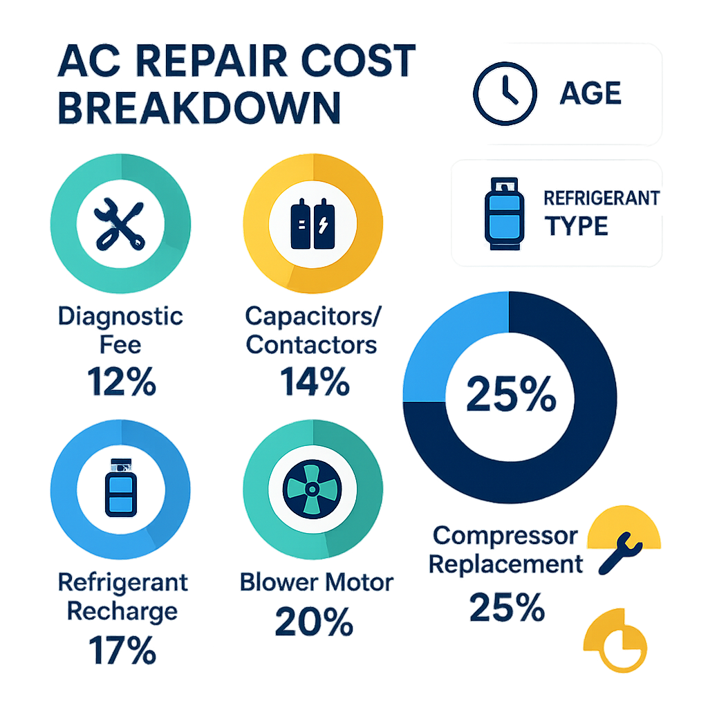Icon-based donut infographic showing percentage cost shares for common AC repair parts and labor
