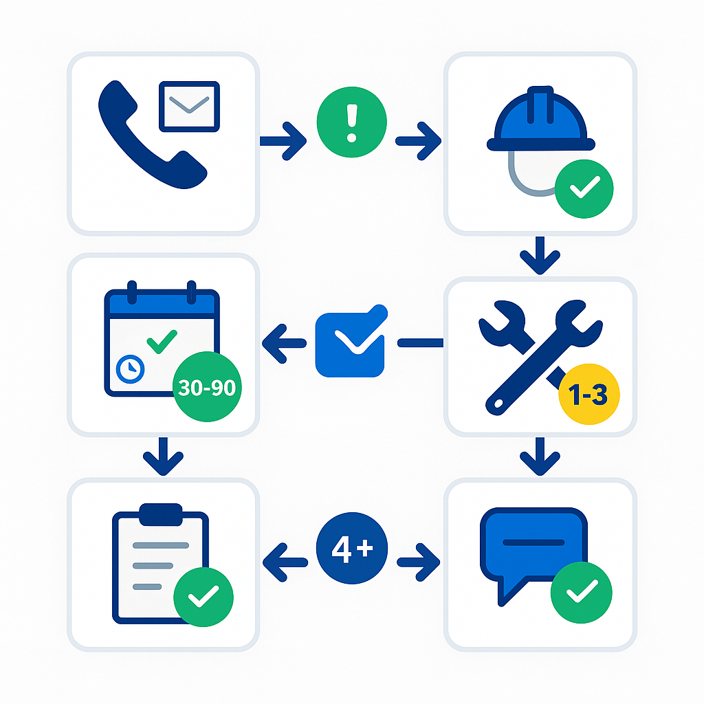 Square process-flow diagram of emergency booking to follow-up for HVAC repairs