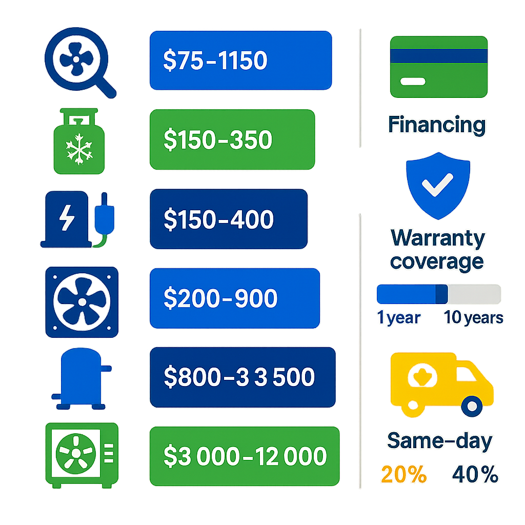 Icon-based infographic showing AC service cost ranges and estimated timelines