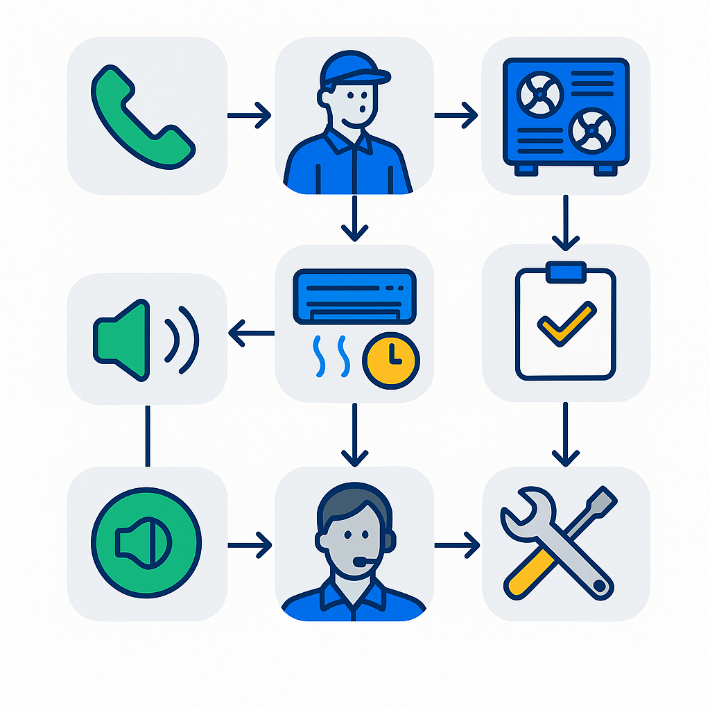 Process flow diagram showing HVAC phone triage, dispatch, diagnostic, approval, and repair steps