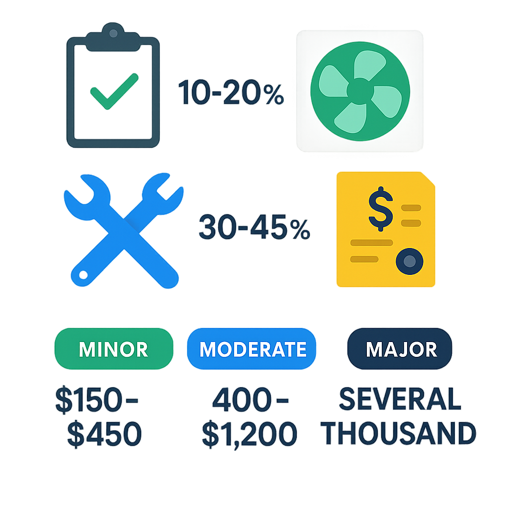 Icon-based infographic showing percentage cost distribution and repair thresholds for Los Angeles AC services