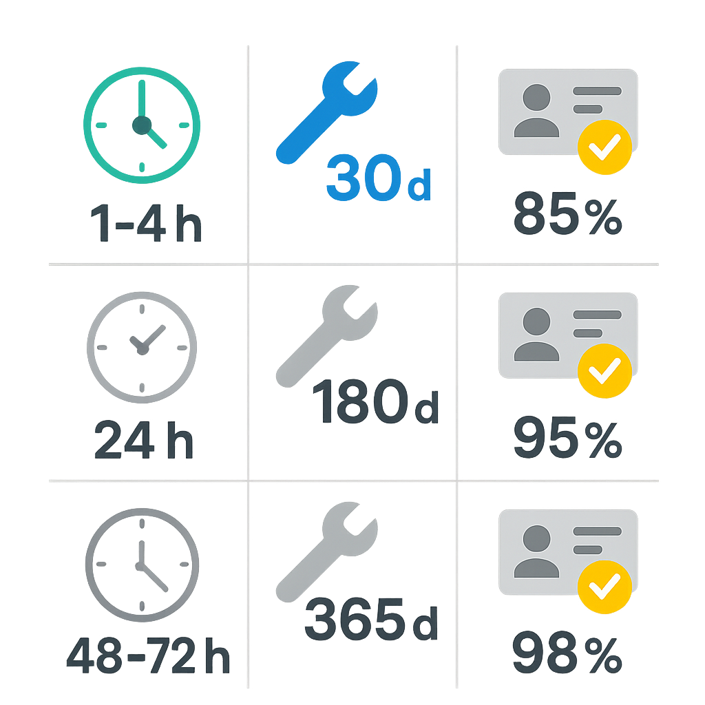 Icon matrix comparing SLA tiers, response windows, and warranty lengths for HVAC services