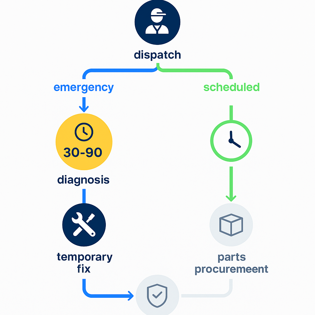 Process-flow diagram with branching emergency and scheduled repair paths