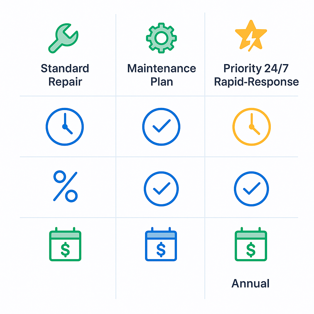 Comparison matrix showing Standard Repair, Maintenance Plan, and Priority Rapid-Response features and response windows