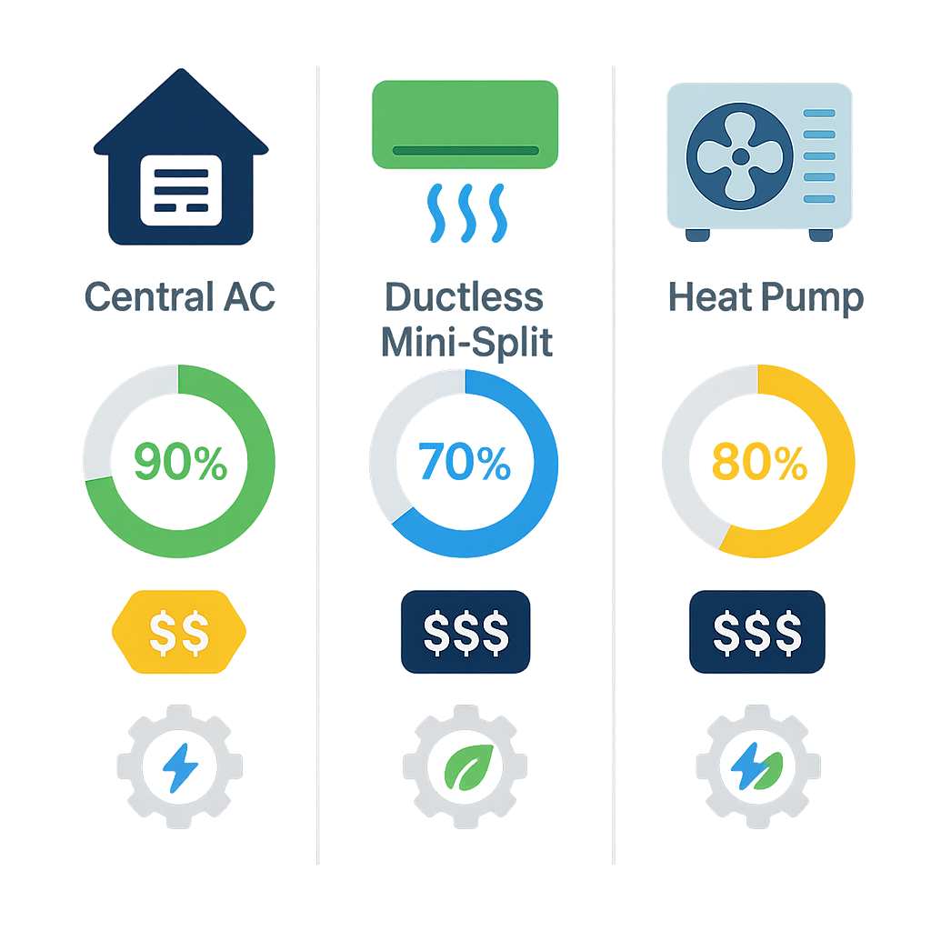 Icon-based comparison of HVAC system options for Beverly Hills homes