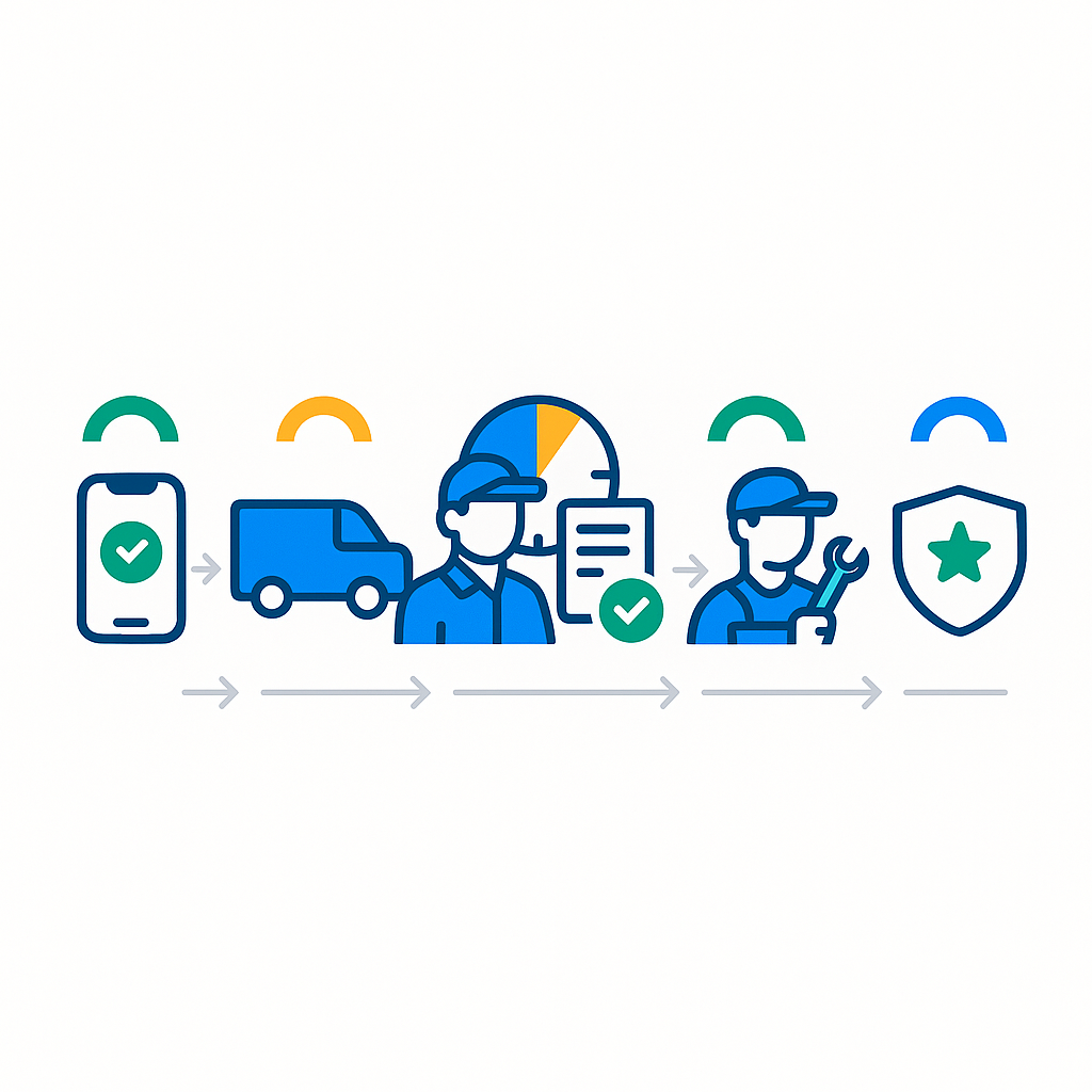 Horizontal process-flow showing booking to repair stages with time ranges