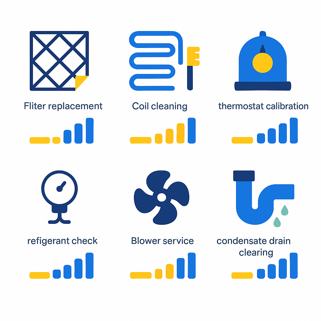 Icon-based infographic showing six HVAC maintenance actions and visual savings indicators