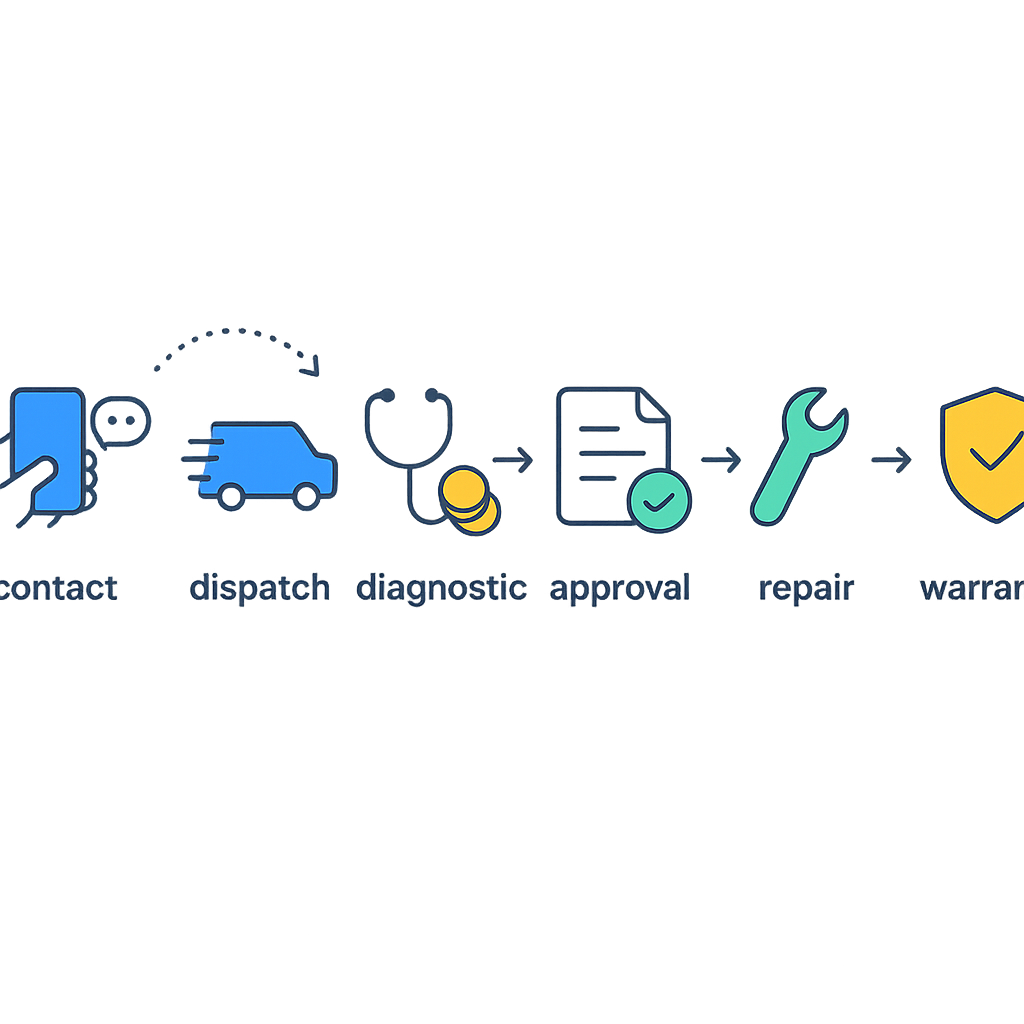 Horizontal process flow of booking, dispatch, diagnostic, approval, repair, and warranty stages