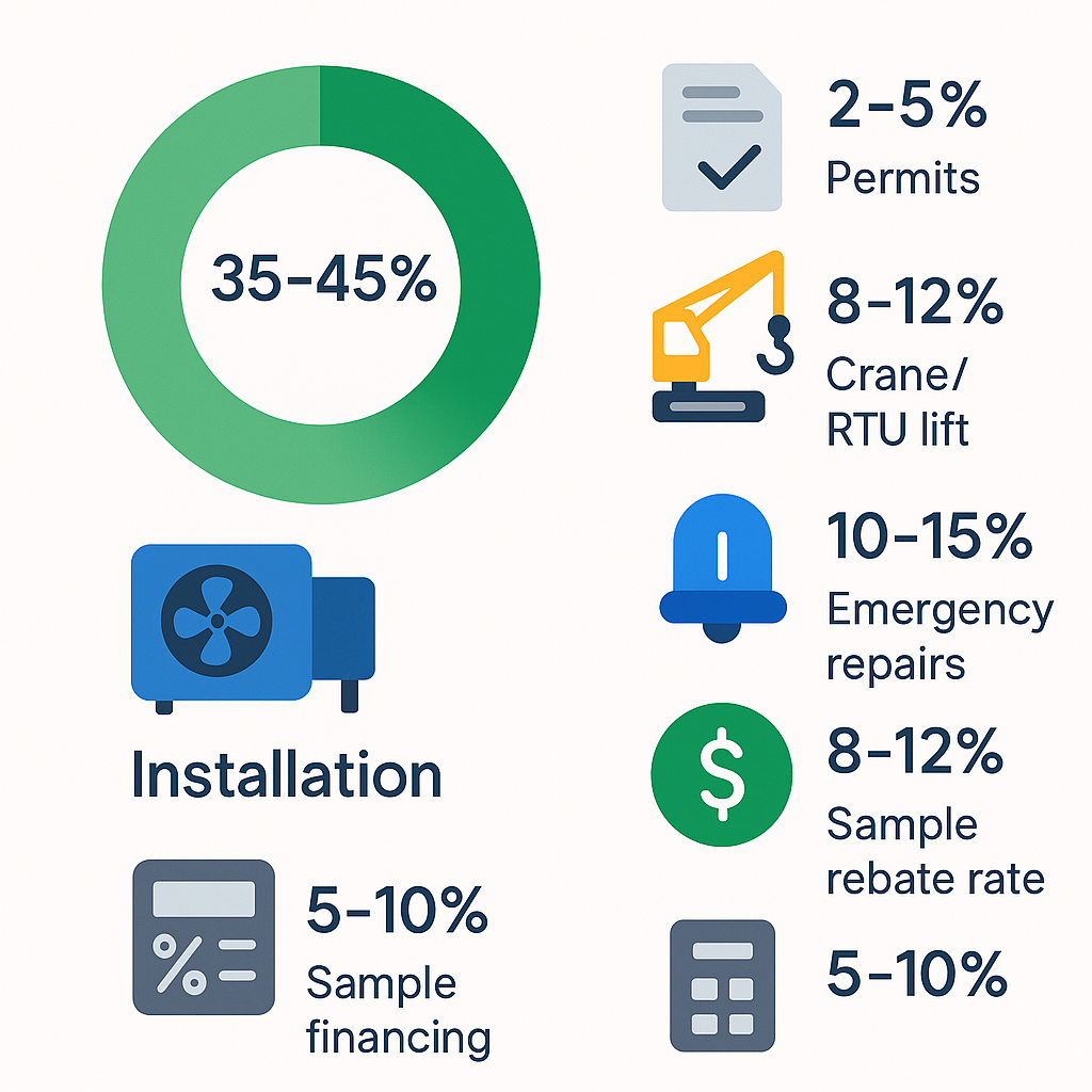 Icon-based radial infographic showing HVAC cost percentage breakdowns for Los Angeles