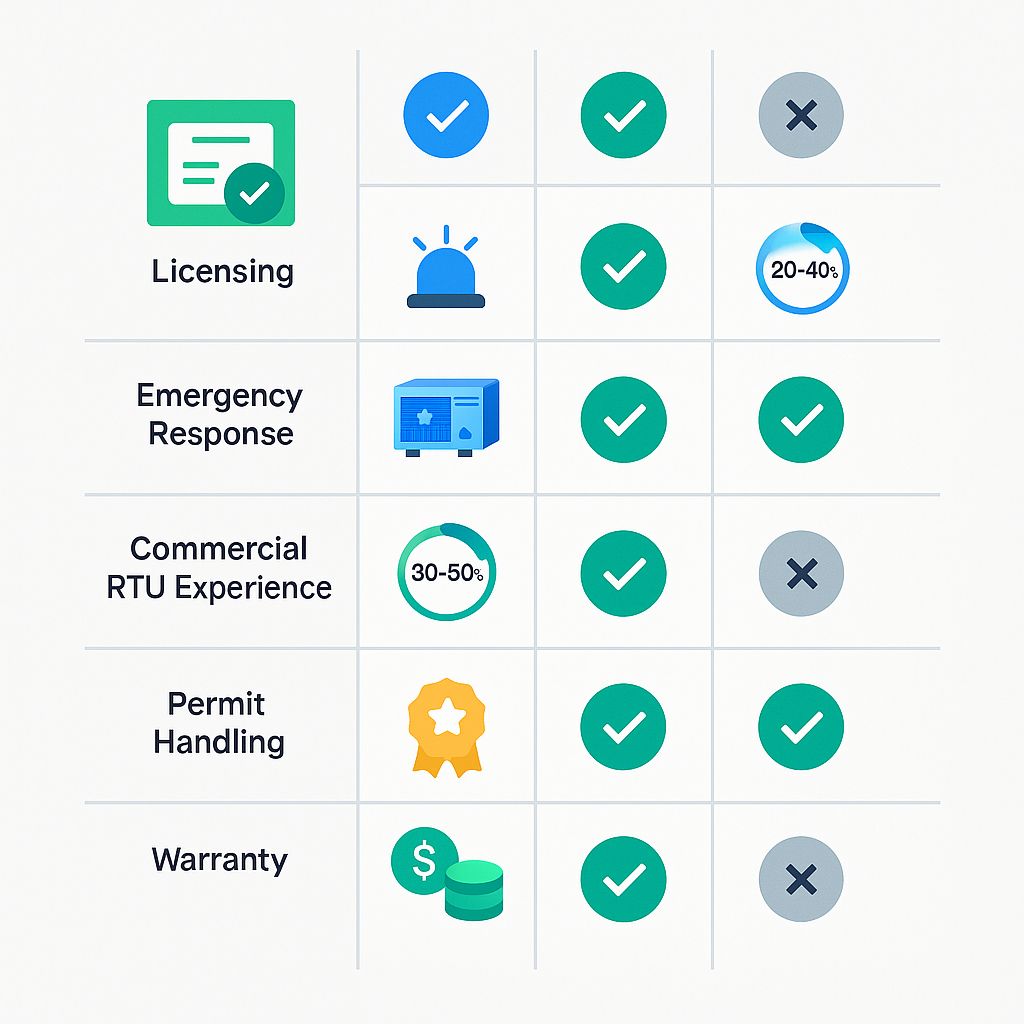 Visual contractor comparison matrix showing features and percentage badges