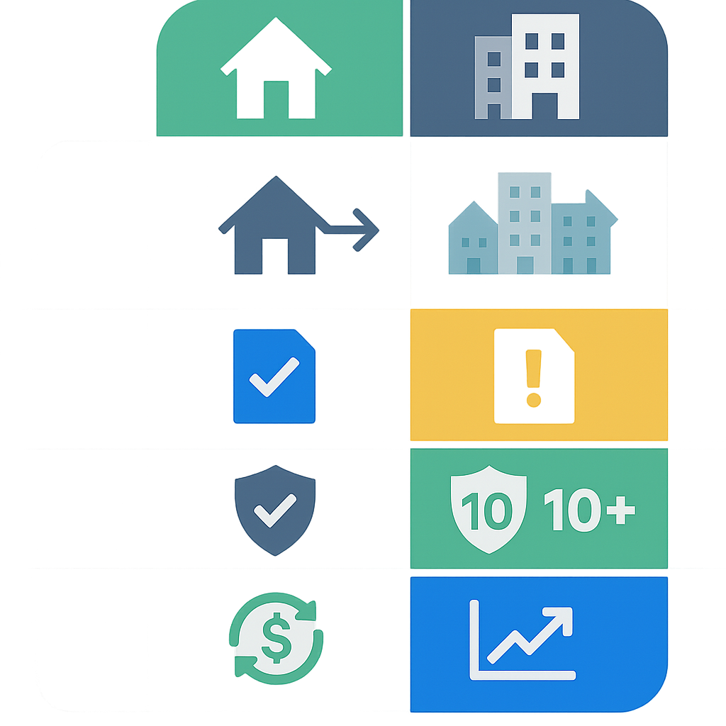 Matrix comparing residential and commercial HVAC scopes, permitting, and warranties